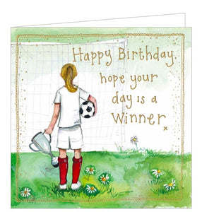 Part of Alex Clark's Sunshine greetings card collection, this birthday card is decorated with Alex Clark's illustration of a female football player -at last!- with a ball and a trophy. Gold text on the front of the card reads "Happy Birthday!...Hope your day is a winner“.
