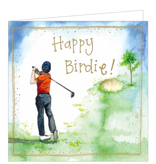 Part of Alex Clark's Sunshine greetings card collection, this lovely birthday card is decorated with an illustration of a golfer mid golf swing. Gold text on the front of the card reads “Happy Birdie“.