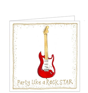 Part of Alex Clark's "Little Sunshine" collection of smaller sized Birthday cards. . This card features cute illustration of an iconic red & white electric guitar. Gold text on the front of the card reads "Party like a rock star".