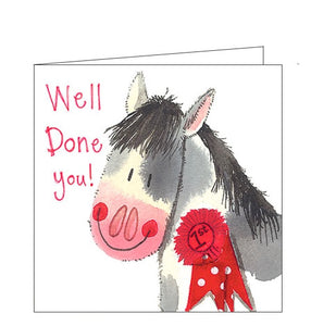 Perfect for passing exams or showing a horse, this card is decorated with a horse wearing a 1st place rosette. The text on the front of the card reads "Well Done you!".