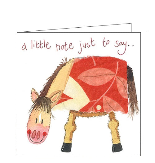 This cute little greetings card is decorated with Alex Clark's artwork of a smiling horse wearing a patterned rug. Red text on the front of the card reads 