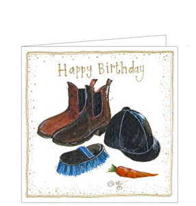 This lovely little birthday card is decorated with Alex Clark's illustration of a pair of boots, riding helmet, brush and a carrot. Gold text on the front of the card reads “Happy Birthday".