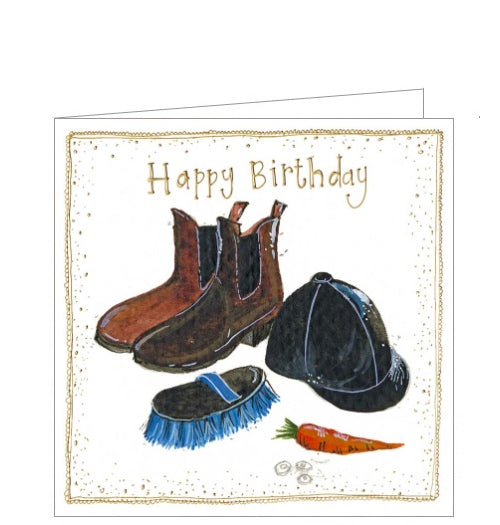 This lovely little birthday card is decorated with Alex Clark's illustration of a pair of boots, riding helmet, brush and a carrot. Gold text on the front of the card reads “Happy Birthday