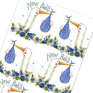 This Alex Clark wrapping paper features a repeating design of a stork carrying a baby in a blue wrap. Text on the wrap reads "New Baby x"