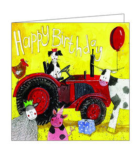 This birthday card features artwork by Alex Clark of a gang of farm animals - cows, pigs, sheep, chickens and a dog, in party hats, sitting on a big red tractor. Text on the front of this birthday card reads "Happy Birthday".