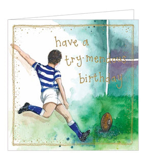 Part of Alex Clark's Sunshine greetings card collection, this birthday card is decorated with an illustration of a rugby player going for a try. Gold text on the front of the card reads "Have a try-mendous birthday“.