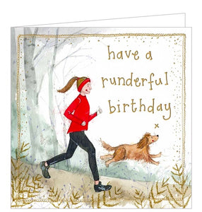 Part of Alex Clark's Sunshine greetings card collection this birthday card is decorated with Alex Clark's illustration of a female runner out for a morning run with her dog. Gold text on the front of the card reads "Have a runderful birthday“.
