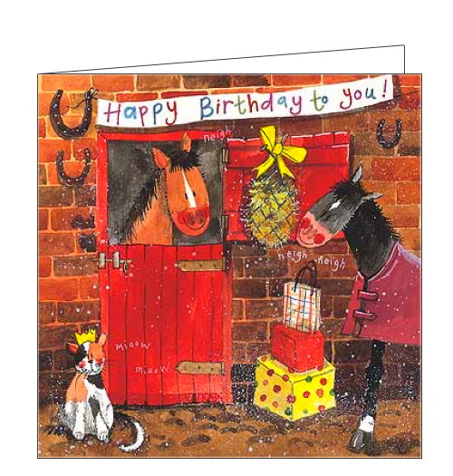 This farm-themed birthday card features artwork by Alex Clark of a horse in its stable. Another horse in a rug stands outside the stable with a pile of birthday presents. A banner above the stable reads "Happy Birthday to you!"