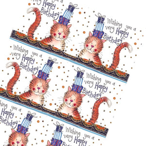 This Alex Clark wrapping paper features a repeating design of a smiling tabby cat balancing a pile of birthday presents on its head. Text on the paper reads "Wishing you a very Happy Birthday x". 