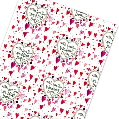 This Alex Clark wrapping paper features a repeating design of tiny red and pink hearts surrounding text that reads 