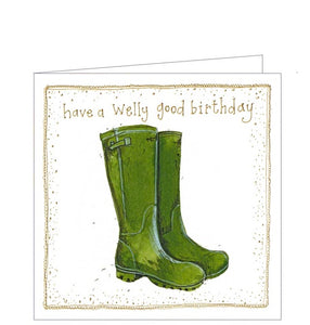 Part of Alex Clark's Little Sunshine collection, of smaller sized Birthday cards. This card features cute illustration of a pair of iconic green wellington boots.  Gold text on the front of the card reads "Have a welly good birthday".