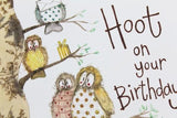 Alex Clark for her Have a Hoot on Your Birthday owls birds Happy Birthday card Nickery Nook close up