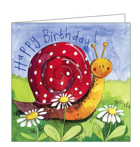 This birthday card features artwork by Alex Clark showing a rosy-cheeked snail wearing a red shell with white polka dots. The text on the front of this birthday card reads "Happy Birthday". 