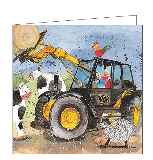 This blank card features artwork by Alex Clark the lively chaos of farming life! Two charactewrs try to drive a JCB tractor with a hale bale, but have to navigate around friendly cows, skeep and cockerals!