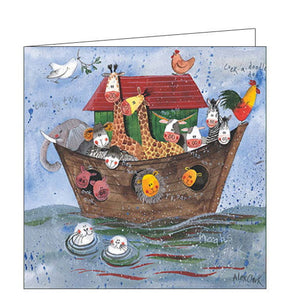 This adorable blank card features an artwork by Alex Clark showing Noah's Ark on the seas and packed to the brim with pairs of happy looking pigs, chickens, sheep, giraffes, elephants, cows, horses and even a pair of seals swimming alongside the boat!