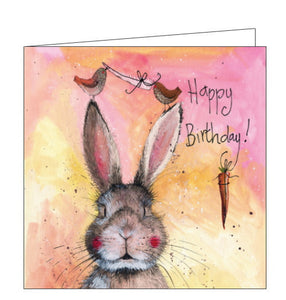 This birthday card features an artwork by Alex Clark showing a cute rosy-cheeked rabbit with two birds perched on top of the bunnies ears. The text on the front of the birthday card reads "Happy Birthday!"