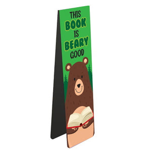 Perfect for young book-lovers, this magnetic book mark is decorated with a cartoon bear reading a book. The text on the bookmark reads "This Book is Beary Good".