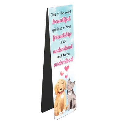 This magnetic book mark for a book-loving friend is decorated with a cute illustration of a cat and dog sitting happily together. Text on the front of the bookmark reads 