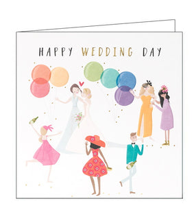 This gorgeous, bright and colourful wedding card is decorated with two women enjoying their wedding day surrounded by balloons, gold confetti and friends. Black and gold text on the top of the card reads "Happy Wedding Day".