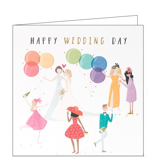 This gorgeous, bright and colourful wedding card is decorated with two women enjoying their wedding day surrounded by balloons, gold confetti and friends. Black and gold text on the top of the card reads 