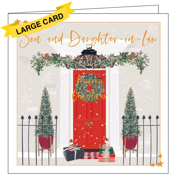 This beautiful Christmas card for a special daughter and son in law is decorated with a scene of a red front door, flanked by christmas trees. Two robins perch on christmas gifts left on the doorstep. Gold text on the front of the card reads 