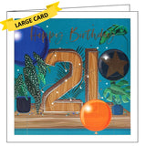 Bellybutton's exquisite range of greetings cards are perfect to commemorate milestone birthdays. With intricate designs and metallic detailing these cards are really something special. On this 21st Birthday card a huge wooden "21", wrapped in fairylights is surrounded by backdrop of balloons and plants. Metallic text on the front of the card reads "Happy Birthday 21"