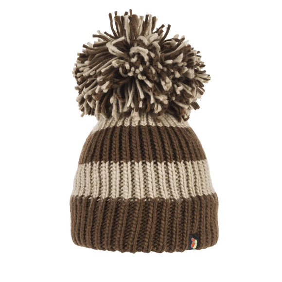 This bobble hat is knitted in alternating bands of brown and taupe and the hat is topped with a magnificent matching bobble.  These hats stretch and so are suitable for adults and children over the age of 5.