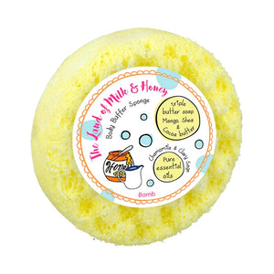 New from Bomb Cosmetics this yellow Land of Milk and Honey body buffer soap sponge is filled with relaxing chamomile and clary sage essential oils and mango, shea and cocoa butter. Simply wet the sponge to make the soap foam, and buff away to leave your skin soft and clean.