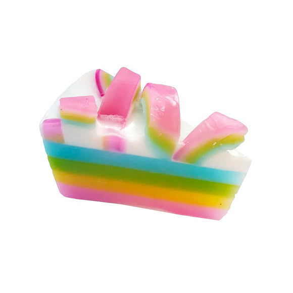 This wonderful soap from Bomb Cosmetics is sure to make you smile. With a softening blend of body smoothing raspberry soap and luxurious bergamot and mandarin essential oils to leave you fruity scented and moisturised. This slice of soap has layers of pastel pink, yellow, blue and green, topped with rainbows.
