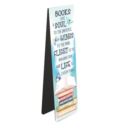 This magnetic book mark is decorated with a flurry of butterflies rising from an open book. Text on the front of the bookmark reads 