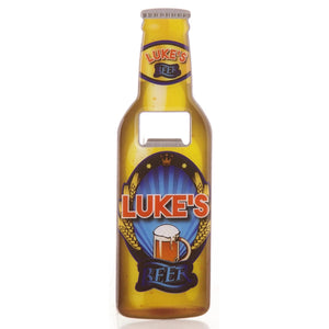 A perfect gift for Father's Day, birthdays or just because, this personalised bottle opener is designed to look like a crown-capped bottle of beer - complete with labels that read "Luke's Beer".