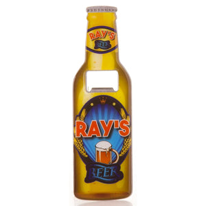 A perfect gift for Father's Day, birthdays or just because, this personalised bottle opener is designed to look like a crown-capped bottle of beer - complete with labels that read "Ray's Beer".