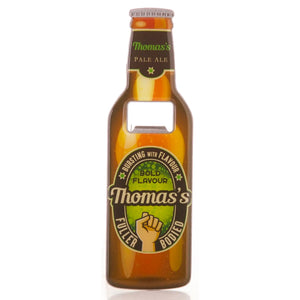 A perfect gift for Father's Day, birthdays or just because, this personalised bottle opener is designed to look like a crown-capped bottle of beer - complete with labels that reads "Thomas's Pale Ale" around the neck and and "Thomas's - Bursting with Flavour - Full Bodied" around the middle.