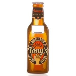 A perfect gift for Father's Day, birthdays or just because, this personalised bottle opener is designed to look like a crown-capped bottle of beer - complete with labels that reads "Tony's Dark Beer" around the neck and and "Tony's...Mighty Beer - Extra Strong" around the middle.