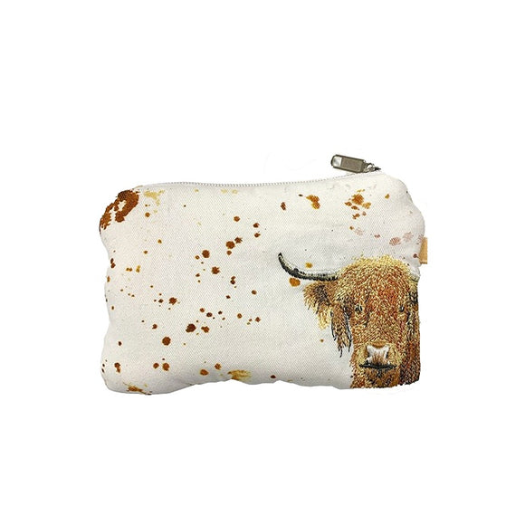 This organic cotton zipped coin purse features Bree Merryn's wonderful characterful Betsy the highland cow, peering out from the corner of the purse, Betsy the cow has been replicated in machine stitching from Bree's own illustrations.