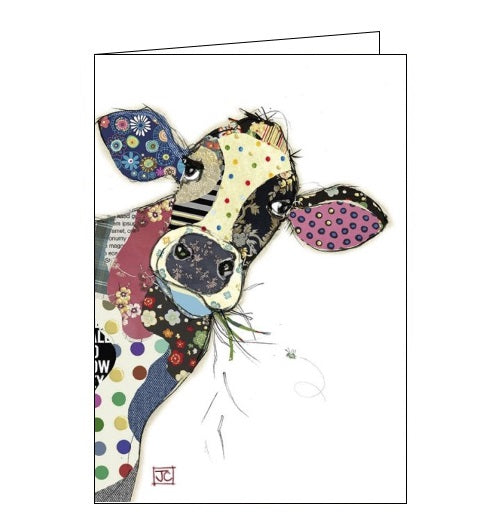 Beautiful, quirky and dramatic. This blank card designed by Bug Art founder Jane Crowther features a patchwork cow looking out of the card.