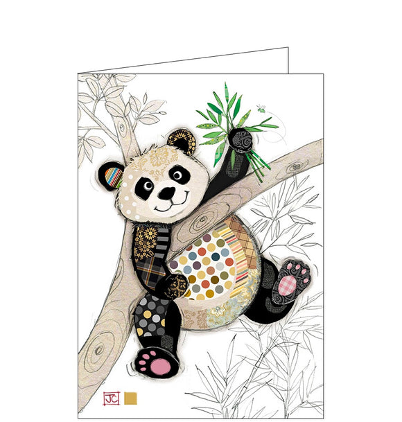 Beautiful, quirky and dramatic. This blank card designed by Bug Art founder Jane Crowther is decorated with a patchwork panda up a tree.