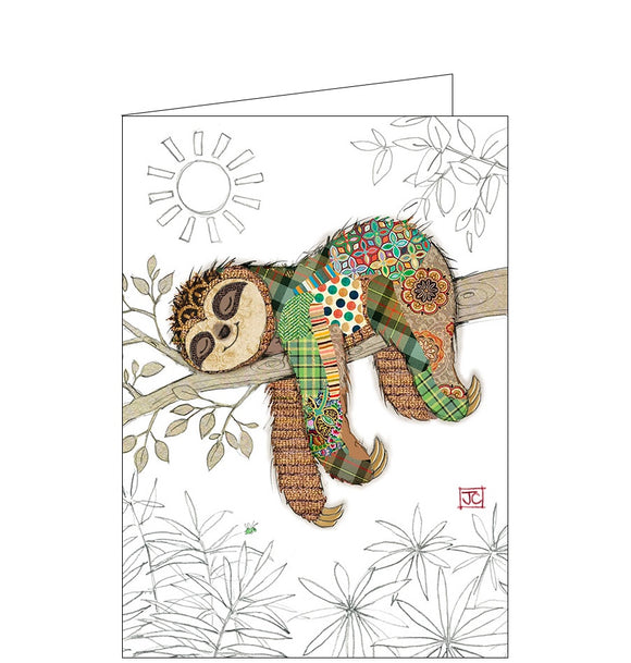 Beautiful, quirky and dramatic. This blank greetings card designed by Bug Art founder Jane Crowther is decorated with a scene of a patchwork sloth snoozing on a branch.
