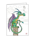 Beautiful, quirky and dramatic. This blank card designed by Bug Art founder Jane Crowther features a patchwork dragon, with purple wings, sat on a post. Somewhere on the card is a tiny bug. Can you spot it?