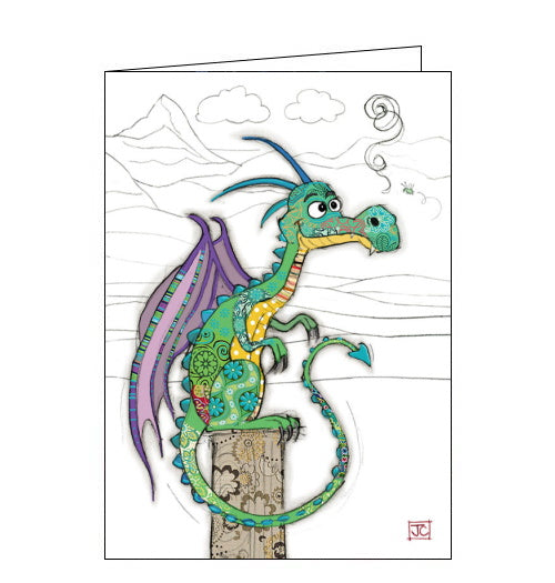 Beautiful, quirky and dramatic. This blank card designed by Bug Art founder Jane Crowther features a patchwork dragon, with purple wings, sat on a post. Somewhere on the card is a tiny bug. Can you spot it?