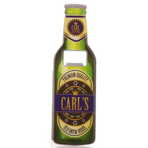 A perfect gift for Father's Day, birthdays or just because, this personalised bottle opener is designed to look like a crown-capped bottle of beer - complete with labels that reads "Carl's" around the neck and and "Carl's...premium quality old brew stout" around the middle.