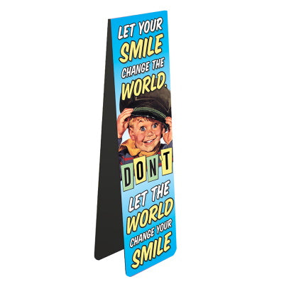 This magnetic bookmark is decorated a with a vintage illustration of a cheeky young boy wearing a hat that us much too big for him. Text on the bookmark reads 