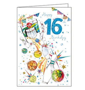 This bright and colourful 16th birthday card is decorated with an illustration of a bowling ball knocking down pins. The text on the front of the card reads "Happy 16th Birthday".
