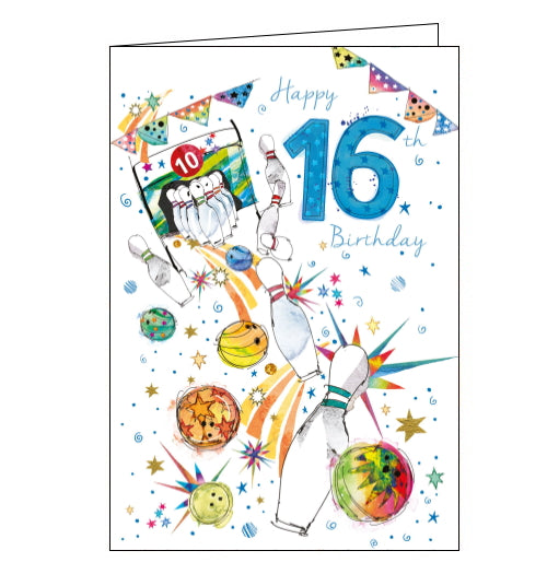 This bright and colourful 16th birthday card is decorated with an illustration of a bowling ball knocking down pins. The text on the front of the card reads 