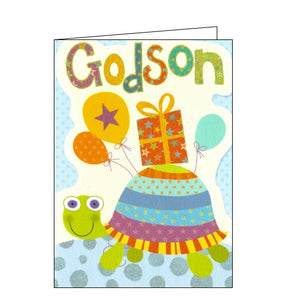 This cute little birthday card for a special Godson is decorated with a smiling tortoise with a patterned shell, carrying a wrapped birthday gift on its back. Glittery text on the front of the card reads "Godson.".