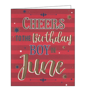 This birthday card is decorated with blue and gold script that reads "Cheers to the Birthday boy in June". Gold and blue stars standout against a striped red background.