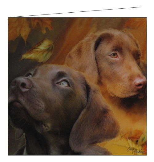This stunning blank greetings card features detail from an artwork by Carol Cavalaris showing two brown labradors in front of an autumnal background. A lenticular effect has been added to the image so the dogs and falling leaves seem to be 3d.