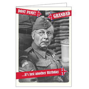 This Dad's Army birthday card for a special grandad is decorated with a black and white photograph Corporal Jones. The text on the front of the card reads "Don't Panic Grandad..it's just another Birthday".