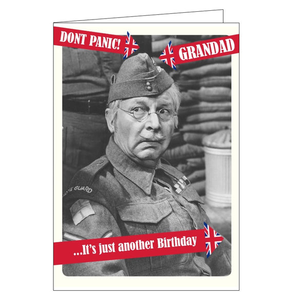 This Dad's Army birthday card for a special grandad is decorated with a black and white photograph Corporal Jones. The text on the front of the card reads 