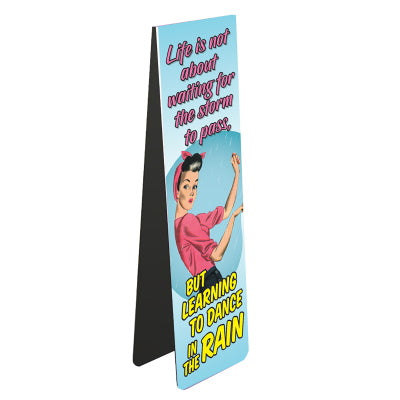 This magnetic book mark for a book lovers is decorated a with a vintage-style illustration of a woman dancing. Text on the bookmark reads 